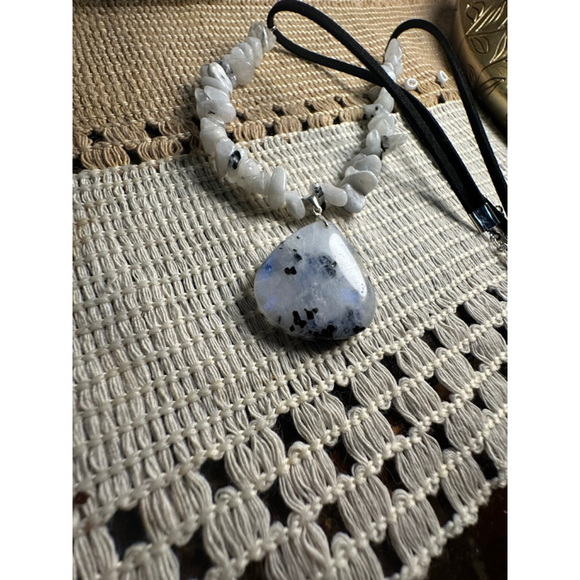 Rainbow Moonstone Chips and Teardrop Pendant Necklace on Black Faux Suede - Picture 6 of 9